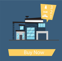 Flat cartoon family house. Banner for the site, button - buy now.