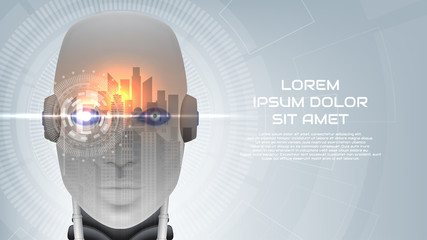 Modern concept banner with robot cybernetic organism. Vector illustration with city landscape. Techno background with cyborg head and virtual HUD interface with augmented reality.