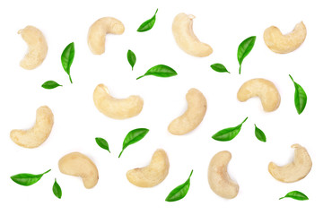 cashew nuts with leaf isolated on white background. top view. Flat lay pattern