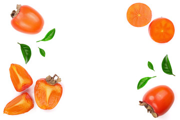 persimmon decorated with leaves isolated on white background with copy space for your text. Top view. Flat lay pattern