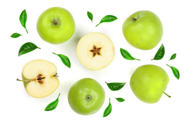 green apples decorated with leaves isolated on white background top view. Set or collection. Flat lay pattern