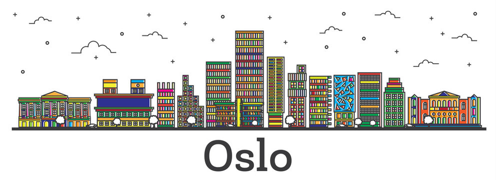 Outline Oslo Norway City Skyline with Color Buildings Isolated on White.