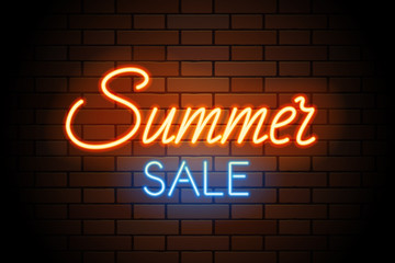 Fototapeta na wymiar Red and blue vector neon lights uppercase signs summer SALE. Illustration transparent on realistic brick wall.