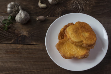 delicious appetizer of toasted round hot toast on rural