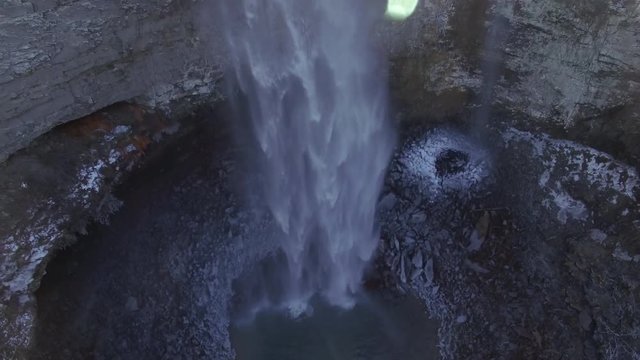 4k Aerial Snow Tennessee Waterfall 005 Pull Backwards