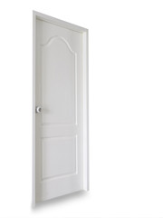 Isolated white door with white handle in close position and side view angle. Clipping path included.