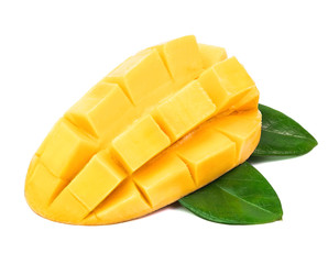 mango sliced like dice wiht leaf isolated on a white background.