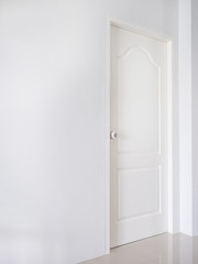 Naklejka premium white door with white handle in close position and side view angle.