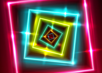 Vector Neon Rectangle Frame. Shining Square Shape with Vibrant Ultraviolet Colors. Led Light Effect. Laser Tag Playground. Abstract Bright Minimal Background with Perspective.