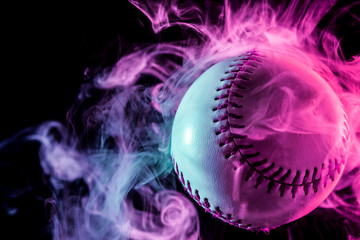 White baseball ball in multi-colored red smoke from a vape on a black isolated background - obrazy, fototapety, plakaty
