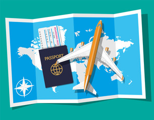 Passenger jet, boarding pass and passport, map