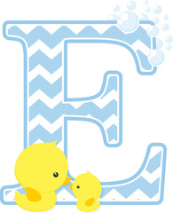 initial e with bubbles and little baby rubber duck isolated on white background. can be used for baby boy birth announcements, nursery decoration, party theme or birthday invitation