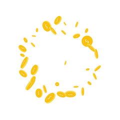 American dollar coins falling. Scattered disorderly USD coins on white background. Dazzling round frame vector illustration. Jackpot or success concept.