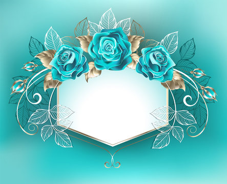 White banner with turquoise roses