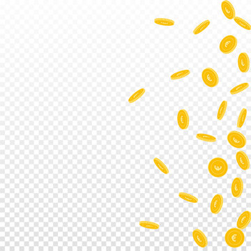 European Union Euro coins falling. Scattered sparse EUR coins on transparent background. Terrific scatter right gradient vector illustration. Jackpot or success concept.