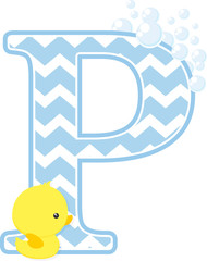 initial p with bubbles and little baby rubber duck isolated on white background. can be used for baby boy birth announcements, nursery decoration, party theme or birthday invitation