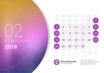 February 2019. Desk calendar for 2019 year. Vector design print template with place for photo. Week starts on Sunday