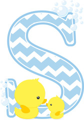 Naklejka na ściany i meble initial s with bubbles and little baby rubber duck isolated on white background. can be used for baby boy birth announcements, nursery decoration, party theme or birthday invitation