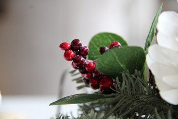 Beautiful, red cowberry on a table in cafe.