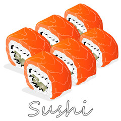 Illustration of philadelphia roll sushi with salmon, prawn, avocado, cream cheese. Sushi menu. Japanese food isolated.