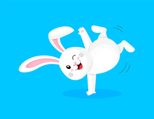 Naklejka premium Biały królik robi salto, skacze i tańczy. Słodki króliczek. Wesołych Świąt Wielkanocnych, projekt postaci z kreskówek. Ilustracja na białym tle na niebieskim tle.