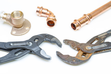 big wrench and english key on a white background