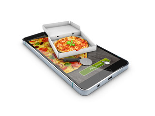 Pizza delivery, call or order online on mobile, cellular, smart phone. 3d illustration
