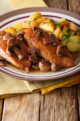 Chicken in Marsala sauce with mushrooms and fried potatoes close-up on plate on table. vertical