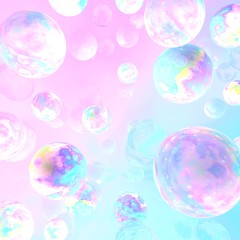 Holographic bubbles. 3d illustration. Abstract background. Fairy wallpaper. Cosmic. Planets. Pink. Blue. Fantasy. Girly. Unicorn colors.