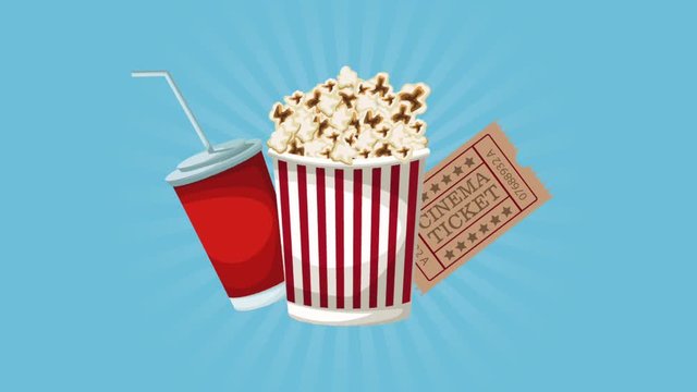 Popcorn box with cinema tickets and soda cup High definition animation colorful scenes
