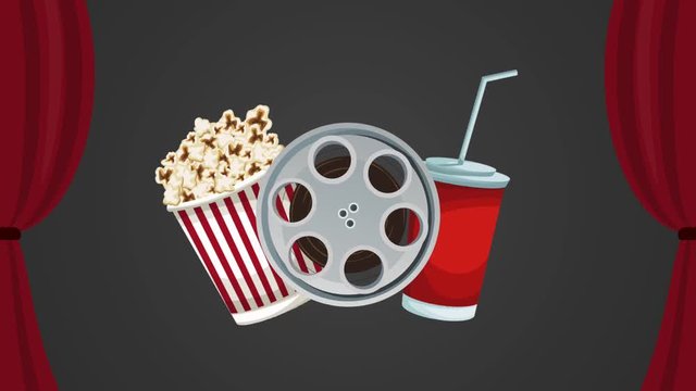 Cinema reel and food appears when curtains are open High definition animation colorful scenes