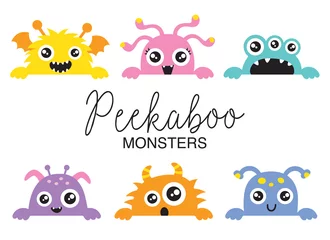 Fotobehang Set of cute peekaboo monsters vector illustration. Funny little monsters in various colors. © JungleOutThere