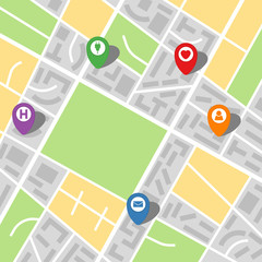 City map of an imaginary city with five pins. Vector illustration.
