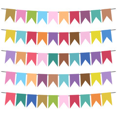 Colorful flags and bunting garlands for decoration. Decor elements with various patterns. Vector illustration
