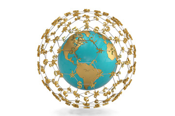 Globe and the money symbol in the circle round composition. 3D illustration.