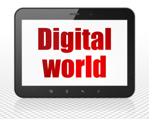 Information concept: Tablet Pc Computer with red text Digital World on display, 3D rendering