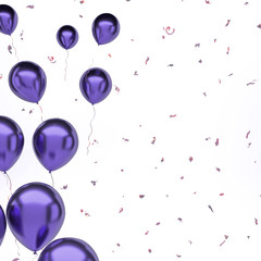 Violet metallic balloons on the left side with gold confetti isolated on white background. 3D illustration of celebration, party, holidays balloons