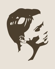 Face half turn view. Elegant silhouette of a female head. Short hair. Monochrome gamma.