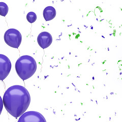 Violet balloons on the left side with colorful confetti isolated on white background. 3D illustration of celebration, party balloons