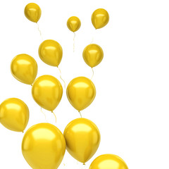 Yellow balloons on the left side isolated on white background. 3D illustration of celebration, party balloons