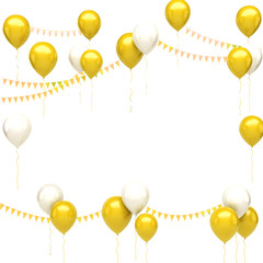 Yellow and white balloons with, gold flags without shadows with reflection isolated on white background with clear path on center. 3D illustration of celebration, party balloons