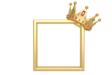 Golden frame with crown. 3D illustration.