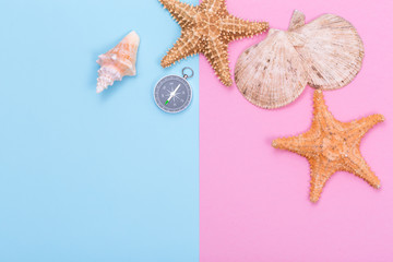 Starfish, seashell and compass on pastel colored paper texture