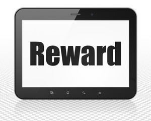 Finance concept: Tablet Pc Computer with black text Reward on display, 3D rendering