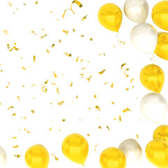 Yellow and white balloons with, golden ribbons with gold confetti isolated on white background. 3D illustration of holidays, party, birthday balloons