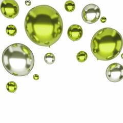 Yellow green and white metallic round balloons on upstairs isolated on white background. 3D illustration of holidays, party, birthday balloons