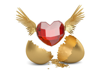 Ruby heart with wings and break gold egg. 3D illustration.