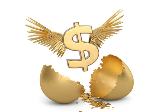 Dollar sign with wings and break gold egg. 3D illustration.