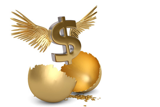 Dollar sign with wings and break gold egg. 3D illustration.