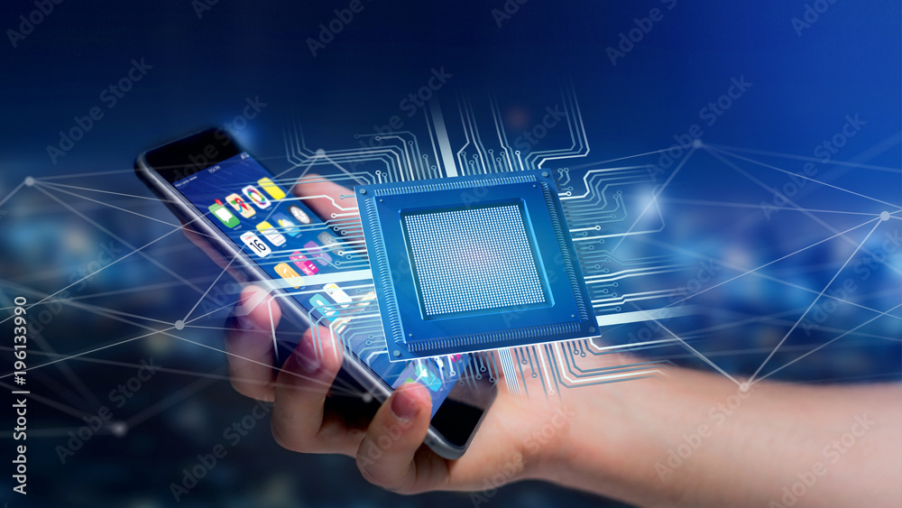 Poster businessman using a smartphone with a processor chip and network connection - 3d render